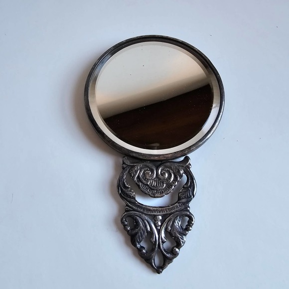 Hallmarked Denmark Hans Jensen Silver Plated Repousse Purse Hand Mirror Vintage - Picture 4 of 4